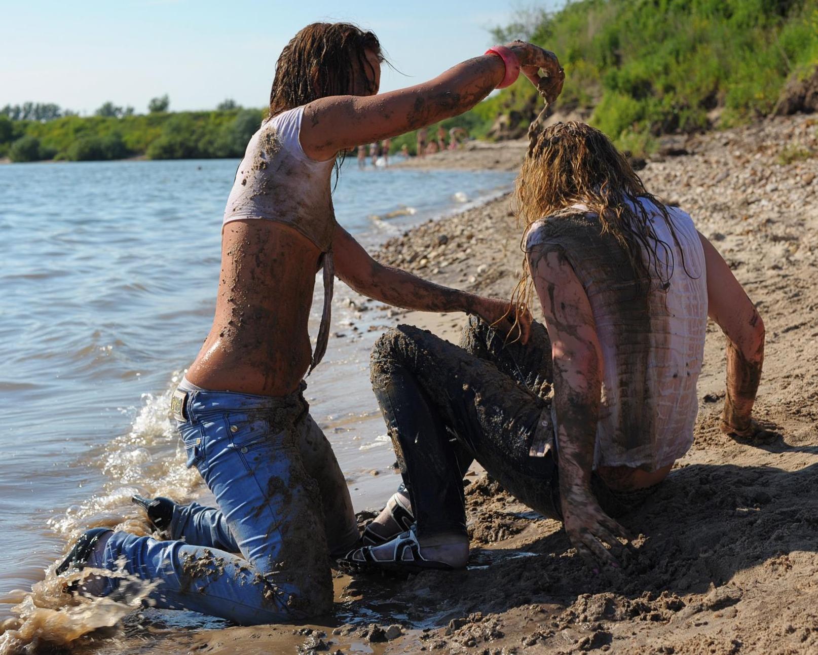 Messy Girls wearing Muddy Blue Denim Jeans and Muddy White Tee-Shirts